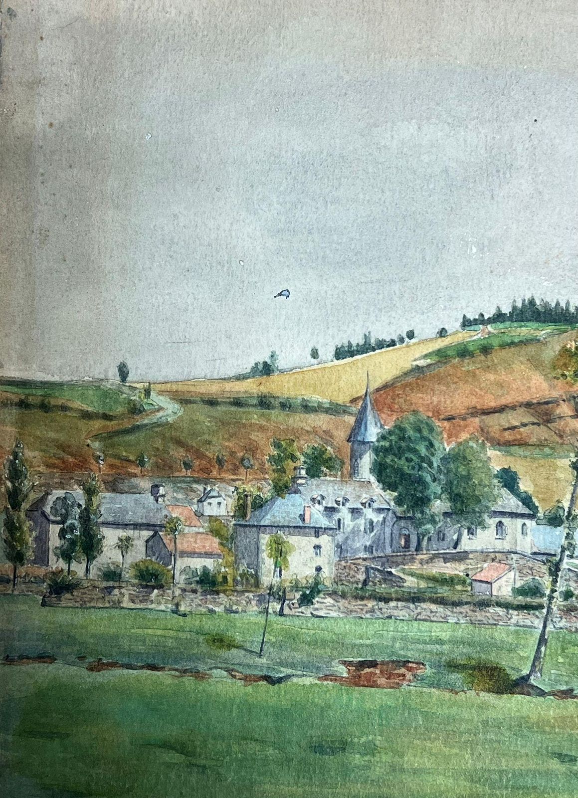 Regine Davidquaint Village Landscape With Rolling Hills And Stone Bridge Detailed Watercolor1957 photo Art