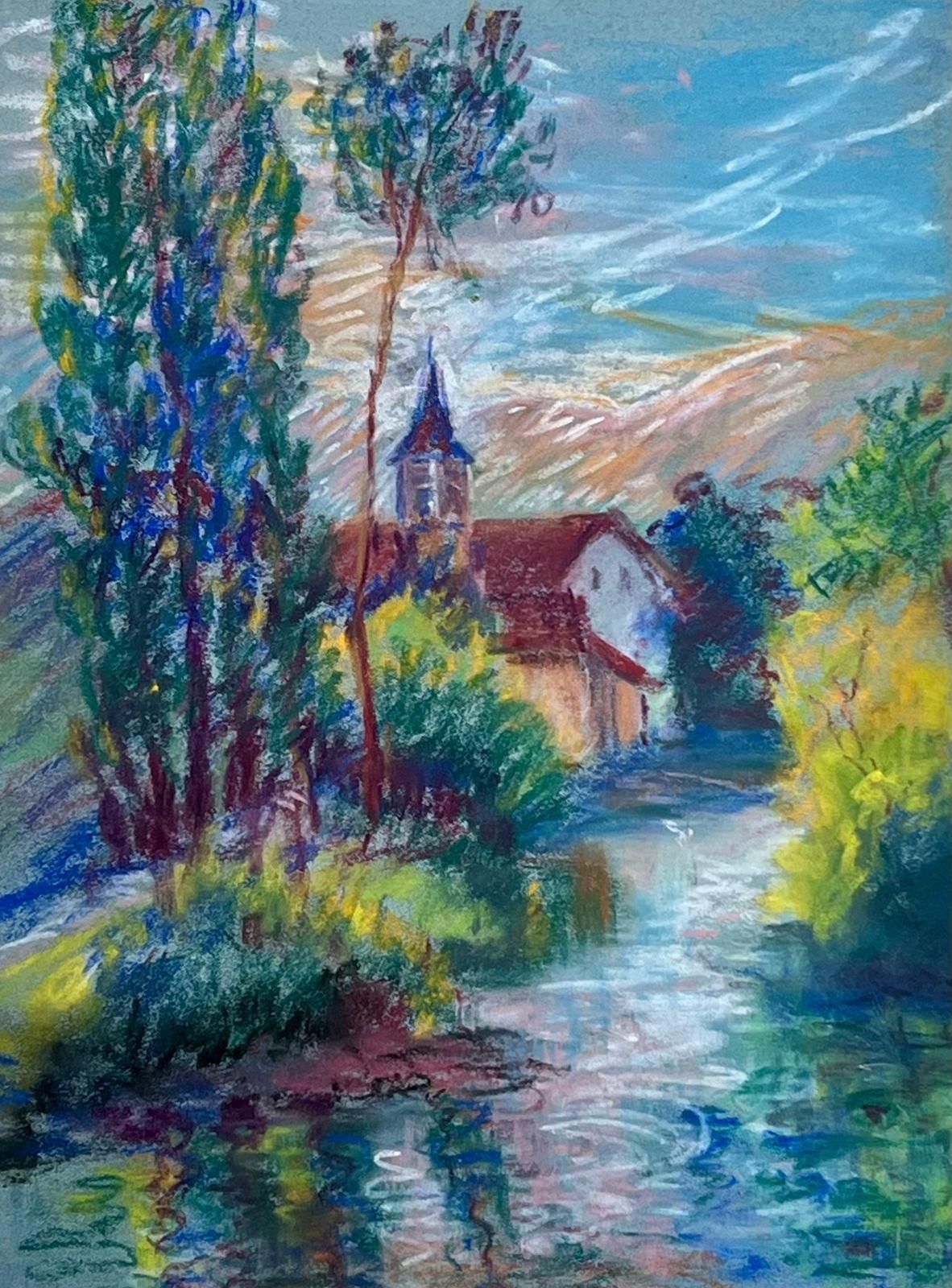 Regine Davidvibrant Church Landscape With Reflection On Water Expressive Pastel1952