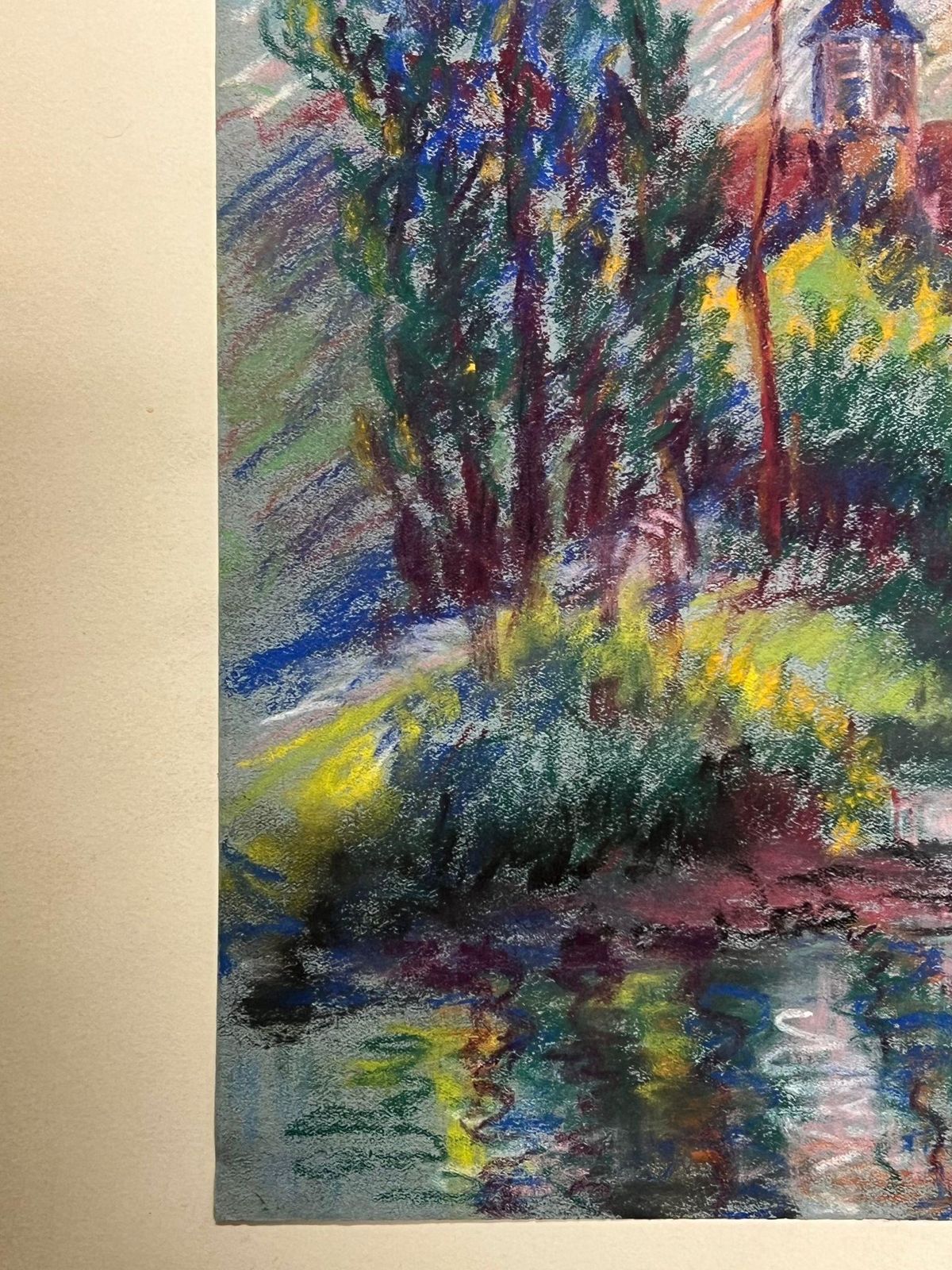 Regine Davidvibrant Church Landscape With Reflection On Water Expressive Pastel1952 photo for sale