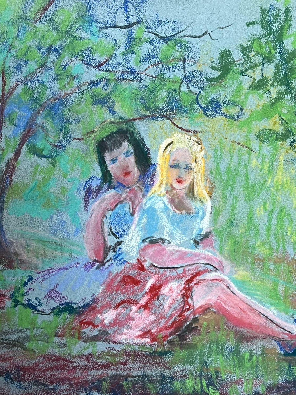Regine Davidmid 20th Century Charming Pastel Drawing Of Two Women In A Serene Park Setting1947 photo Art