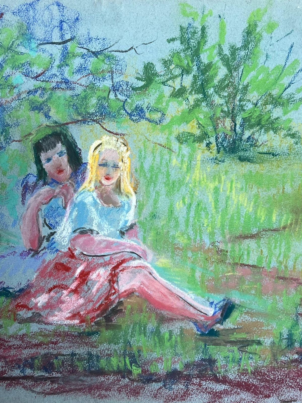 Regine Davidmid 20th Century Charming Pastel Drawing Of Two Women In A Serene Park Setting1947 photo vinterior