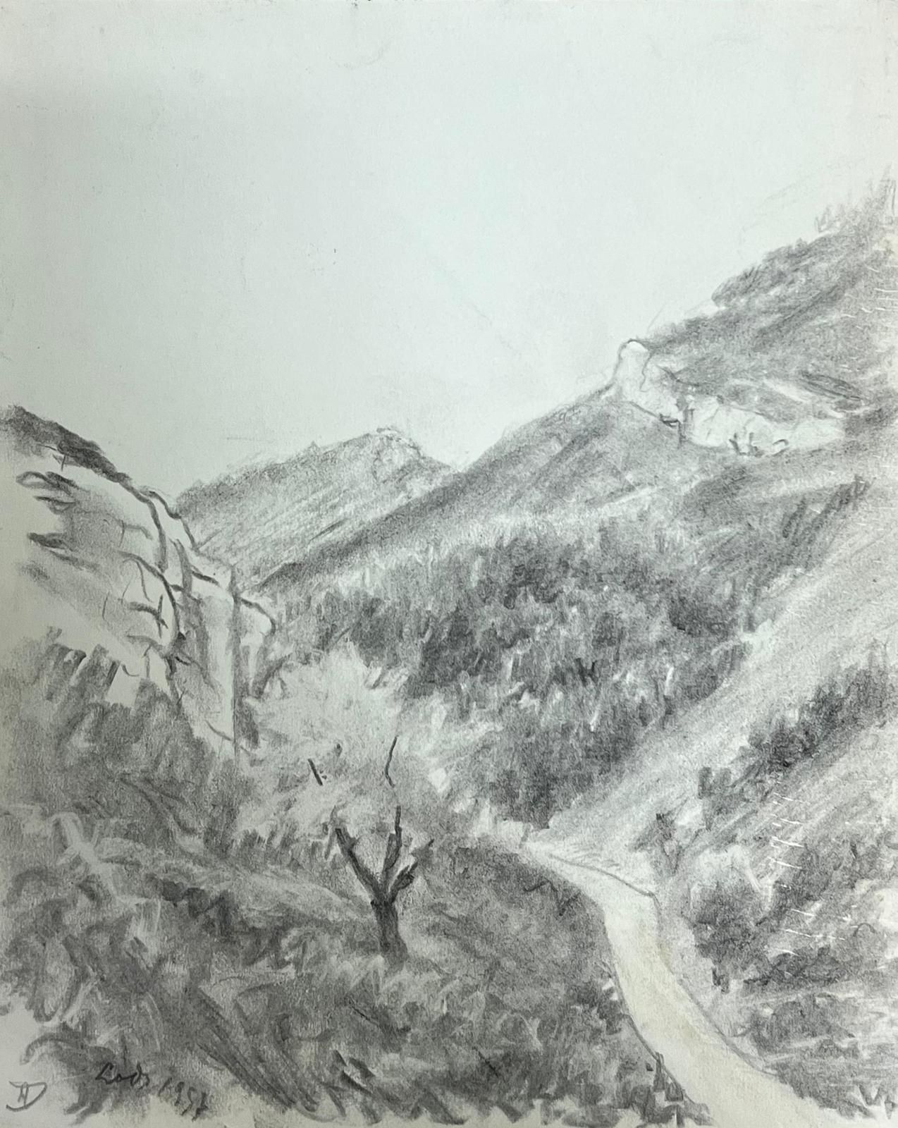 Regine Davidmountainous Landscape With Winding Path Atmospheric Black & White Drawing1957