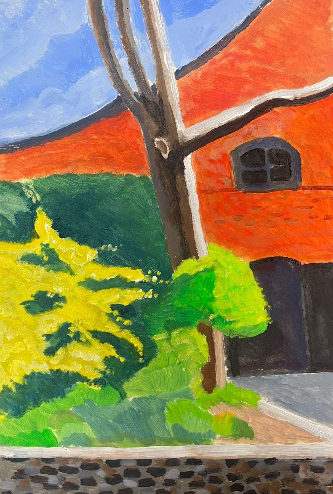 Jill Jacksonbold Landscape Painting With Red Roof And Lush Green Foliage