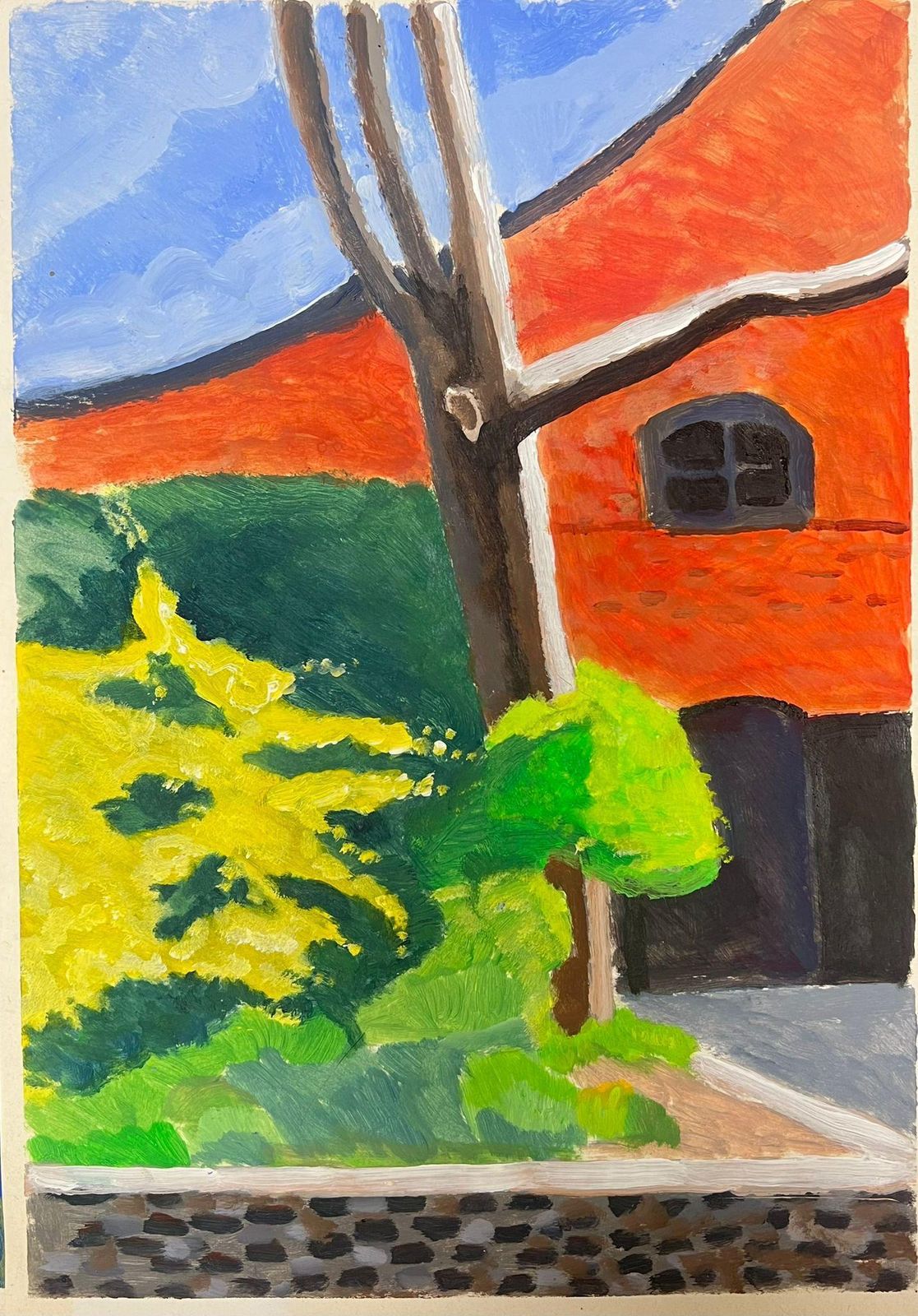 Jill Jacksonbold Landscape Painting With Red Roof And Lush Green Foliage photo furniture