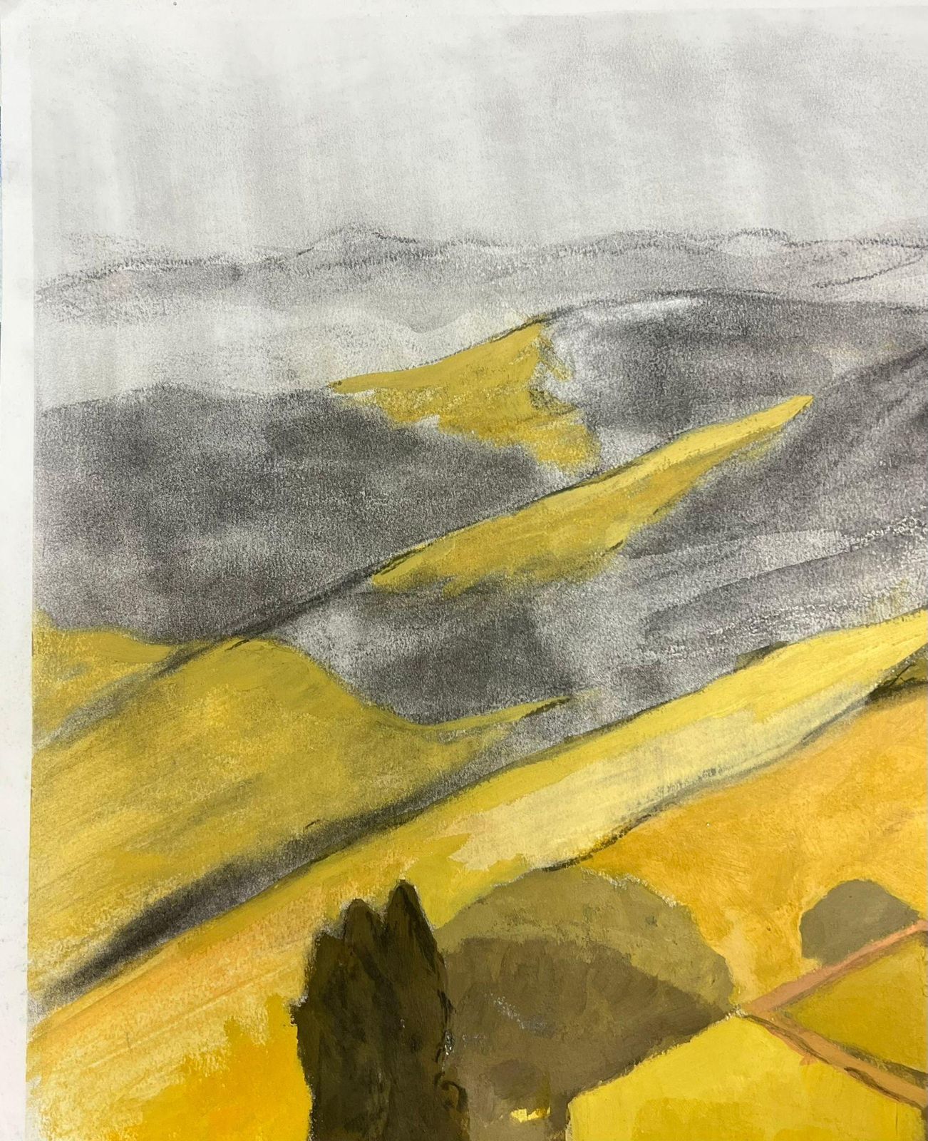 Jill Jacksonmodernist Landscape In Earthy Yellow And Gray Tones Featuring Rolling Hills photo for sale