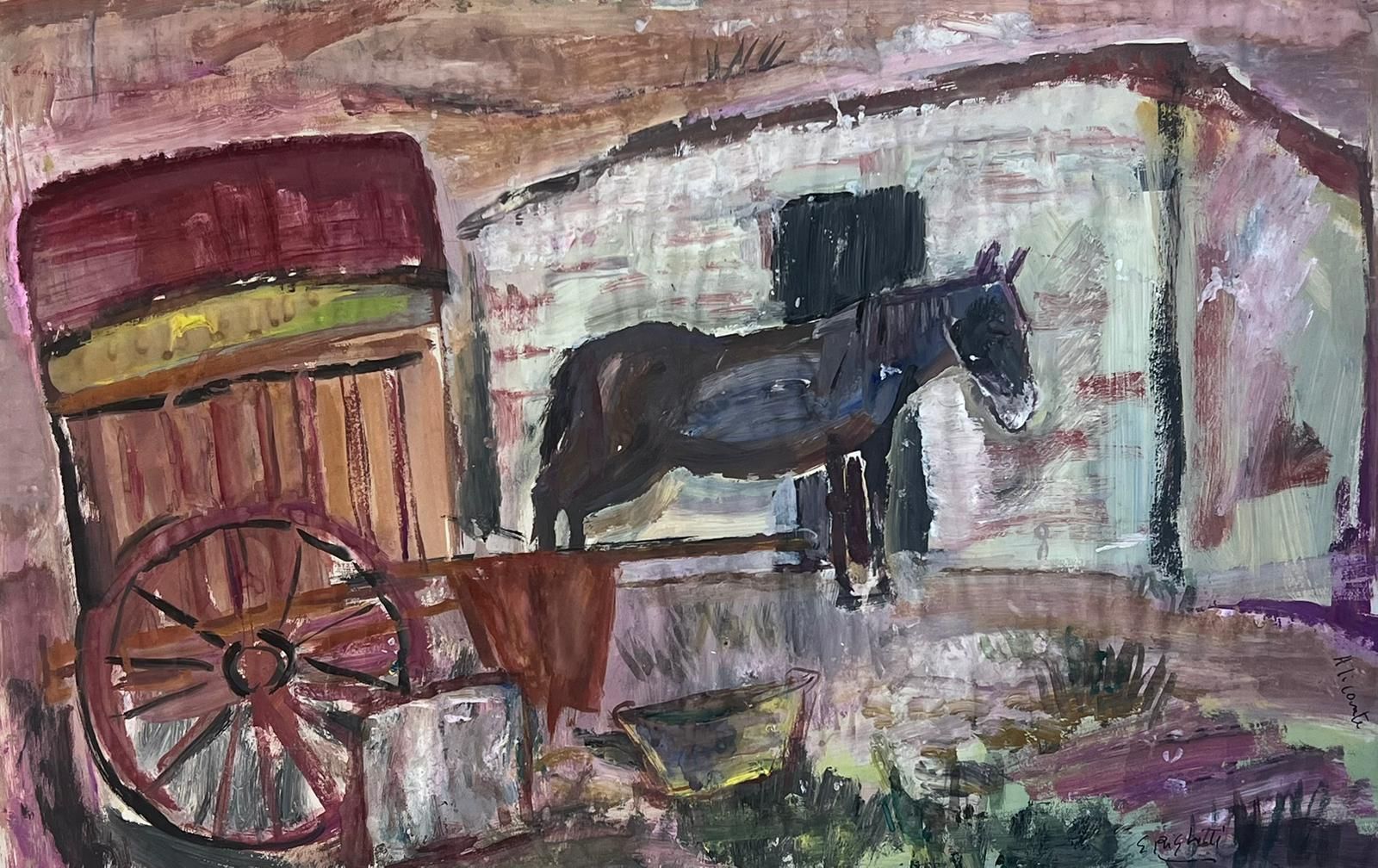 édouard Righetti (1924 2001)french Post Impressionist Oil Rustic Farmyard Scene With Horse And Carriage1960’s