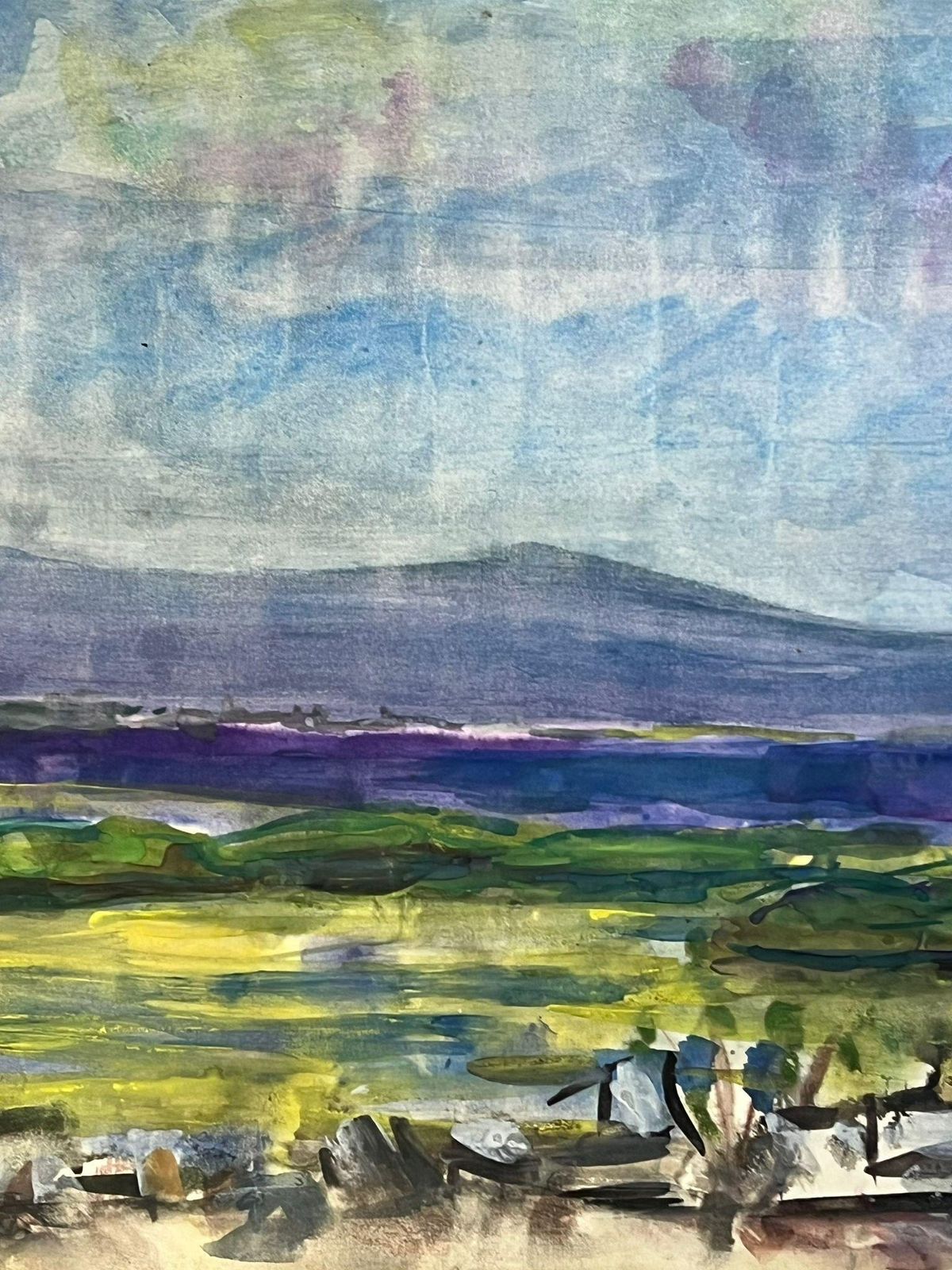 édouard Righetti (1924 2001)expansive Landscape With Mountains And Open Fields Vibrant Watercolor Scene1950's photo for sale