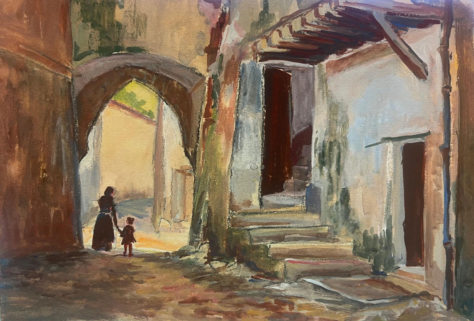 Regine Davidfrench Village Scene With Archway And Figures Impressionist Painting1950's