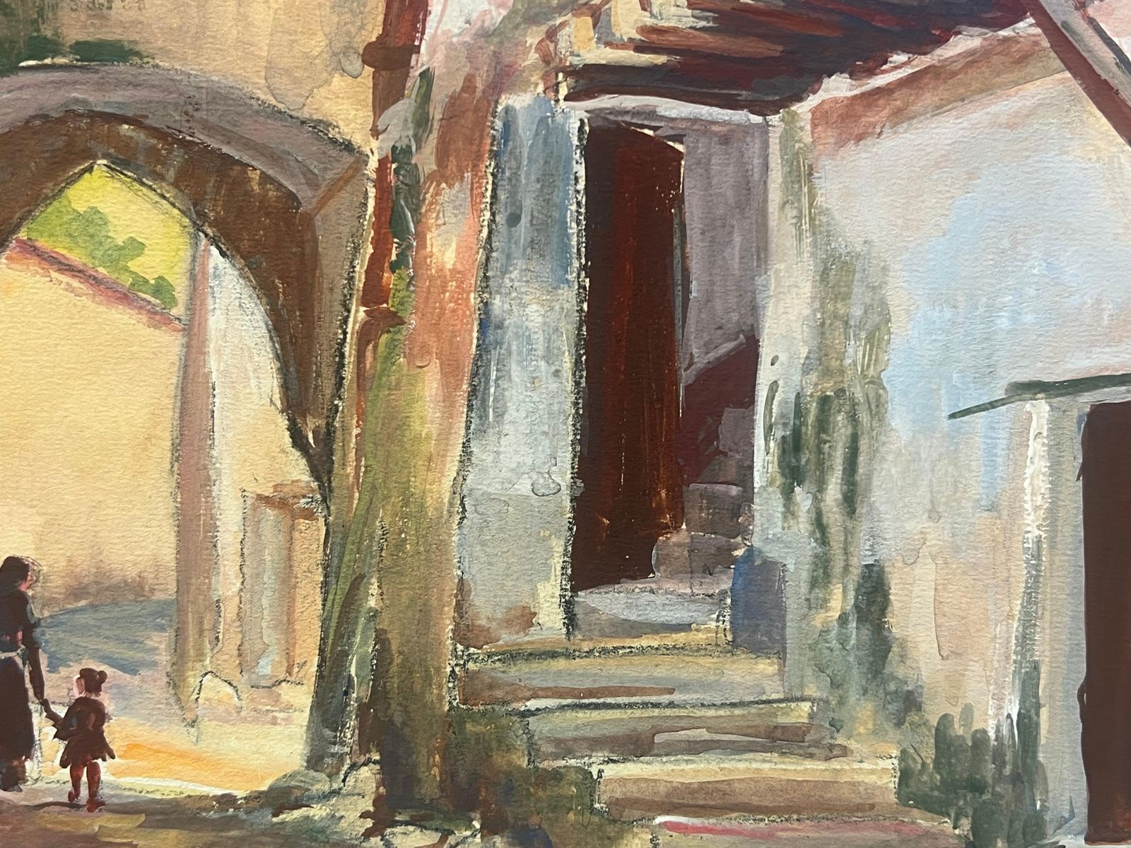 Regine Davidfrench Village Scene With Archway And Figures Impressionist Painting1950's photo furniture
