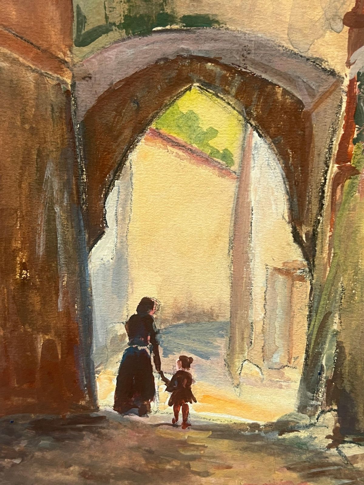 Regine Davidfrench Village Scene With Archway And Figures Impressionist Painting1950's photo for sale