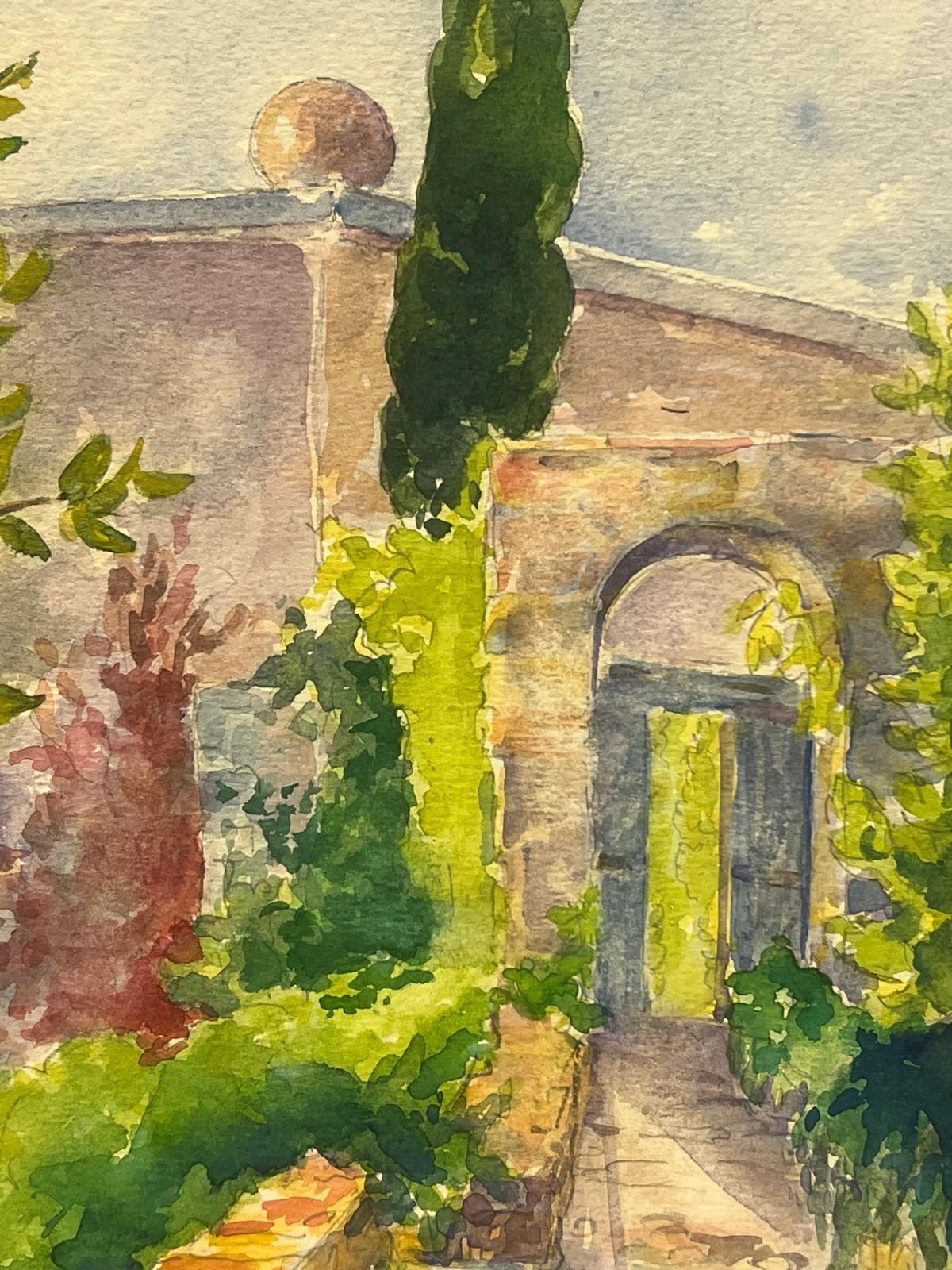 Regine Davidvilla Hyères Garden Scene With Cypress And Stone Archway Vibrant Watercolor1986 photo furniture