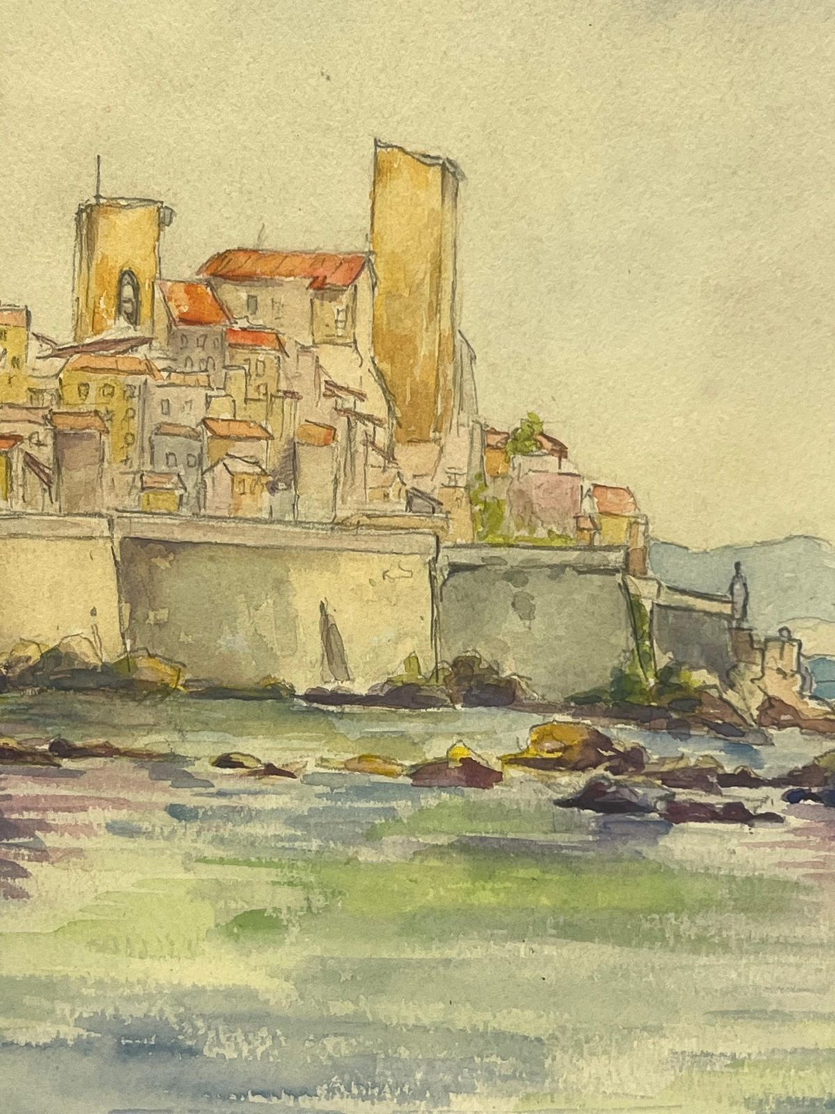 Regine Davidcoastal View Of Antibes With Red Sailed Boat Watercolor Landscape1938 photo Art
