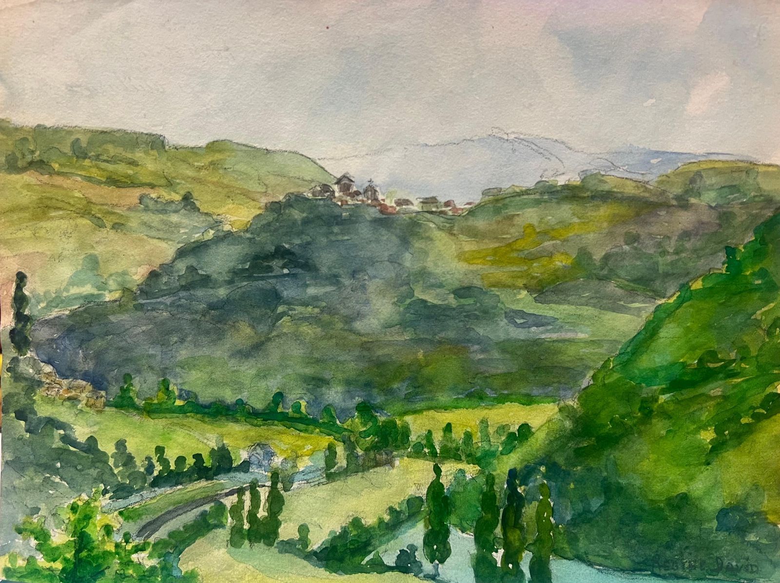 Regine Davidimpressionistic Watercolor Landscape Depicting Correze Valley Rolling Hills1935