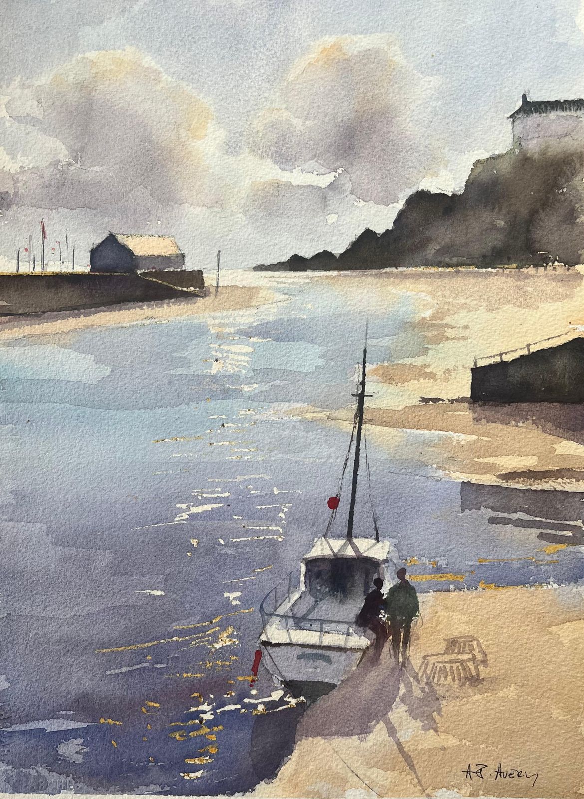 Anthony Averybritish Impressionist Watercolor Of Seaside Dock With Boat And Figures
