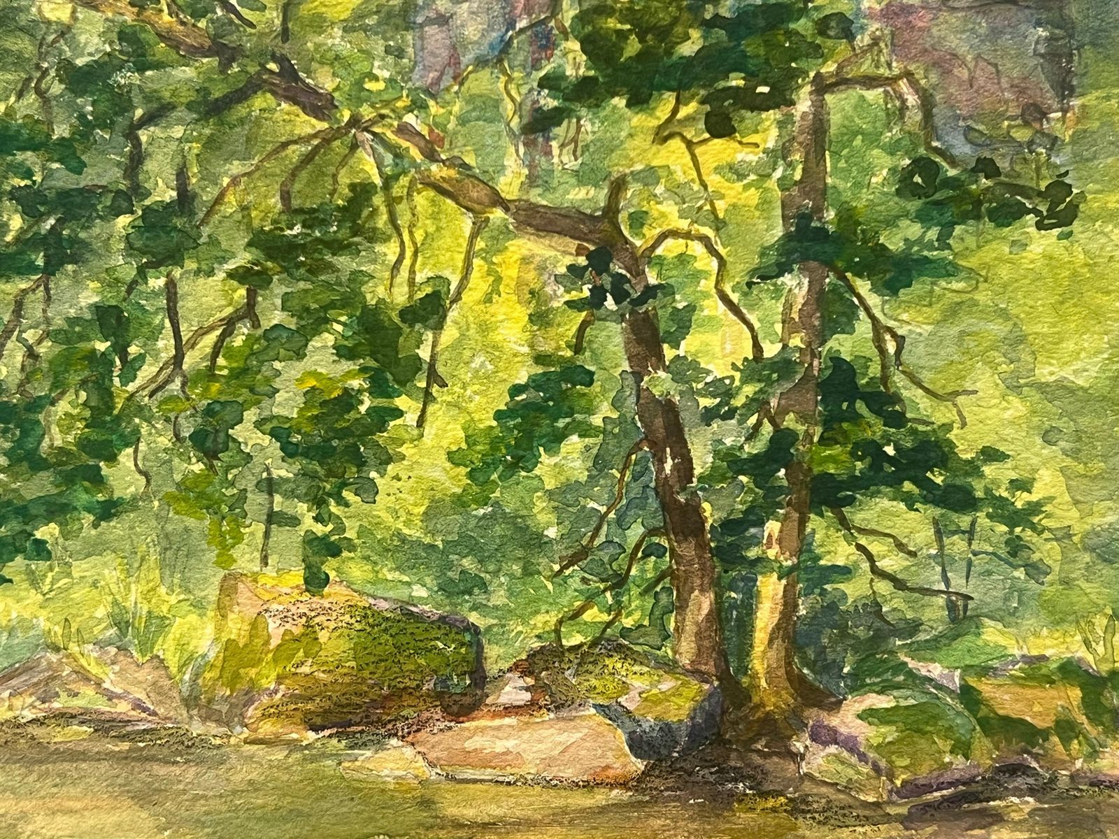 Regine Davidforest Scene With Sunlit Foliage Tranquil Watercolor Banks Of The Buëch River1932 photo for sale