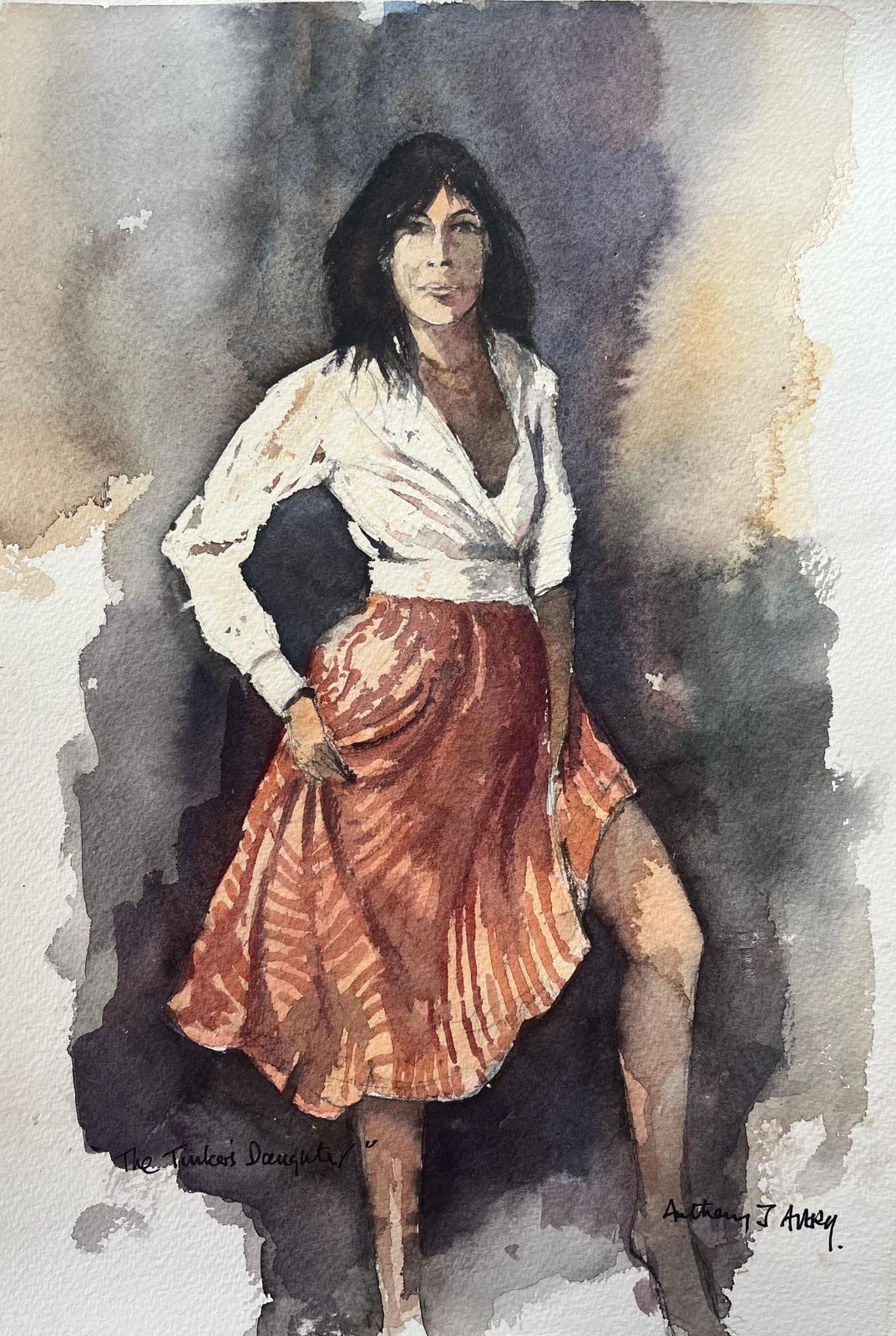 Anthony Averybritish Impressionist Watercolor Of A Woman In Red Skirt   The Tinker's Daughter
