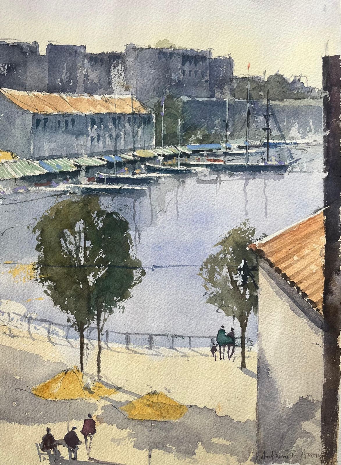 Anthony Averybritish Impressionist Watercolor Of A Harbour Scene With Boats And Figures
