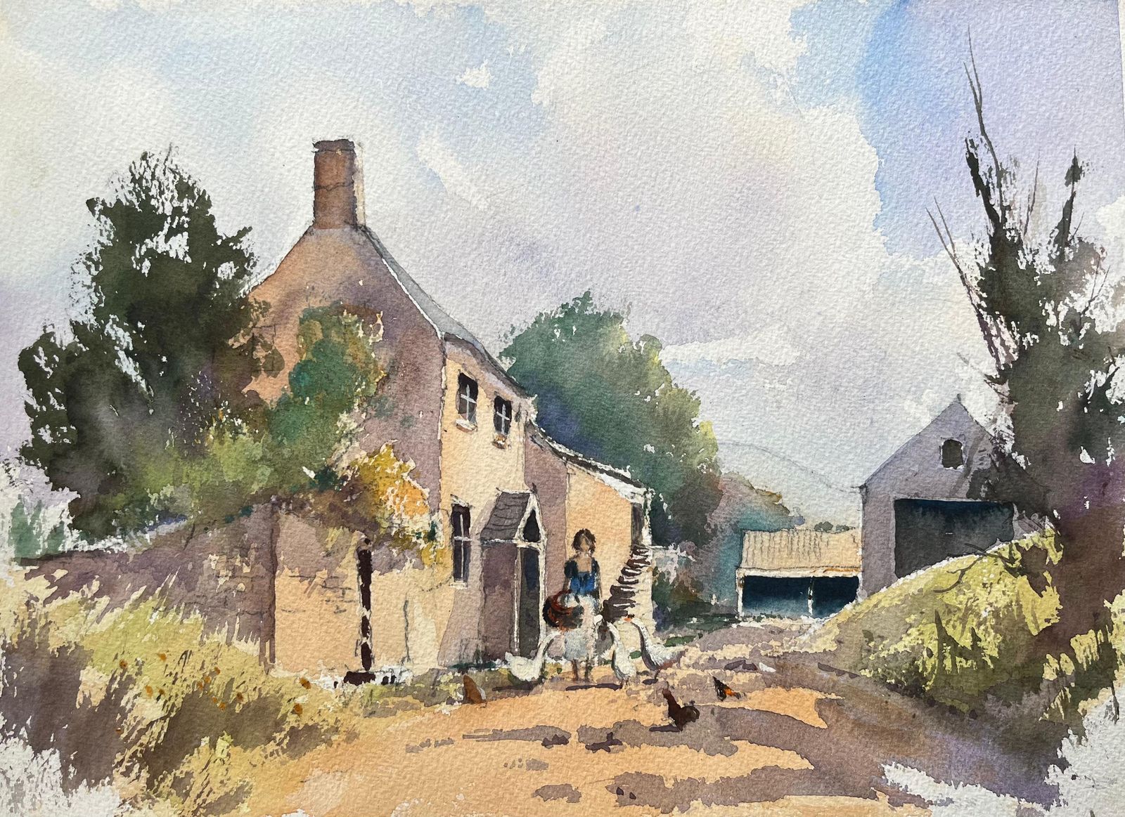 Anthony Averybritish Impressionist Watercolor Of Farmyard Scene Of Figure Feeding Birds
