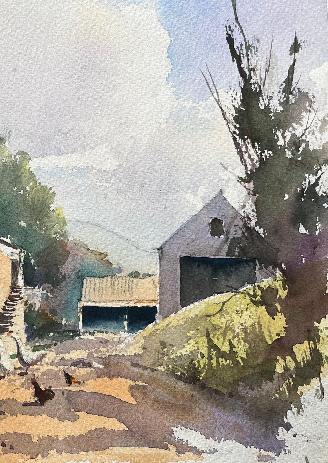 Anthony Averybritish Impressionist Watercolor Of Farmyard Scene Of Figure Feeding Birds photo for sale