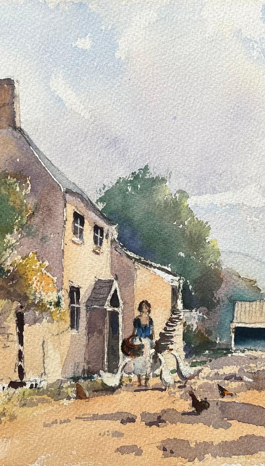 Anthony Averybritish Impressionist Watercolor Of Farmyard Scene Of Figure Feeding Birds photo Art