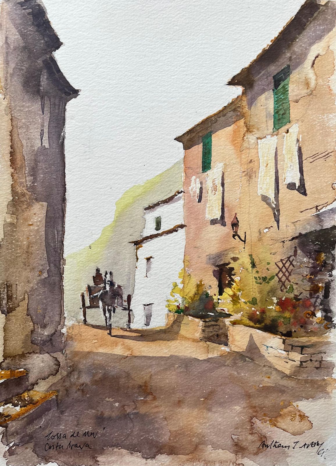 Anthony Averybritish Impressionist Watercolor Of A Street Scene In Tossa De Mar, Costa Brava