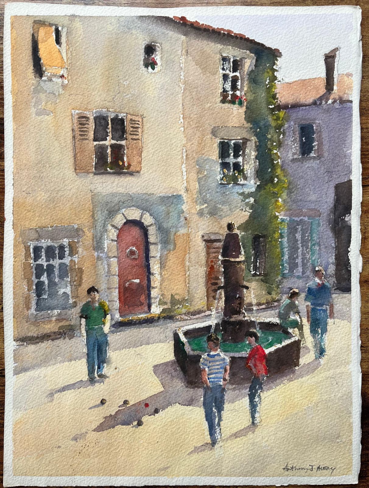 Anthony Averyimpressionist Watercolor Of French Village Scene With Fountain And Boules Player photo furniture