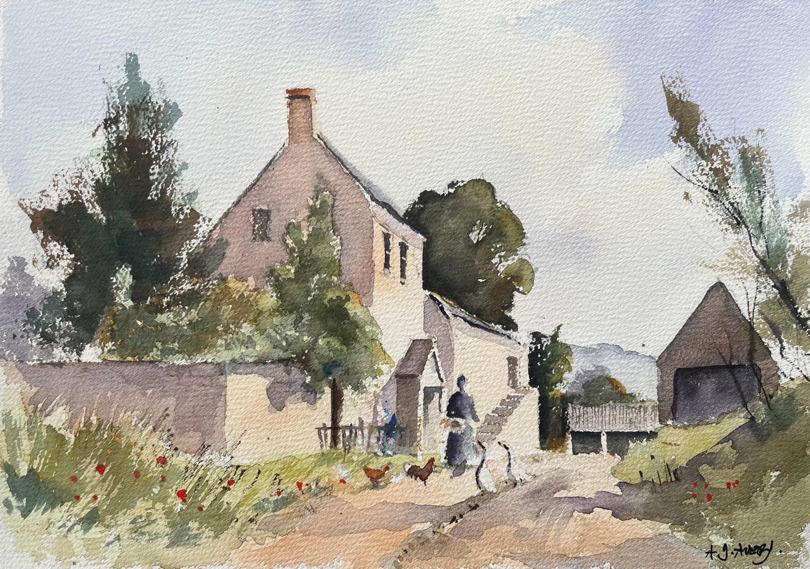 Anthony Averyimpressionist Watercolor Of French Countryside Farmhouse With Chickens And Geese
