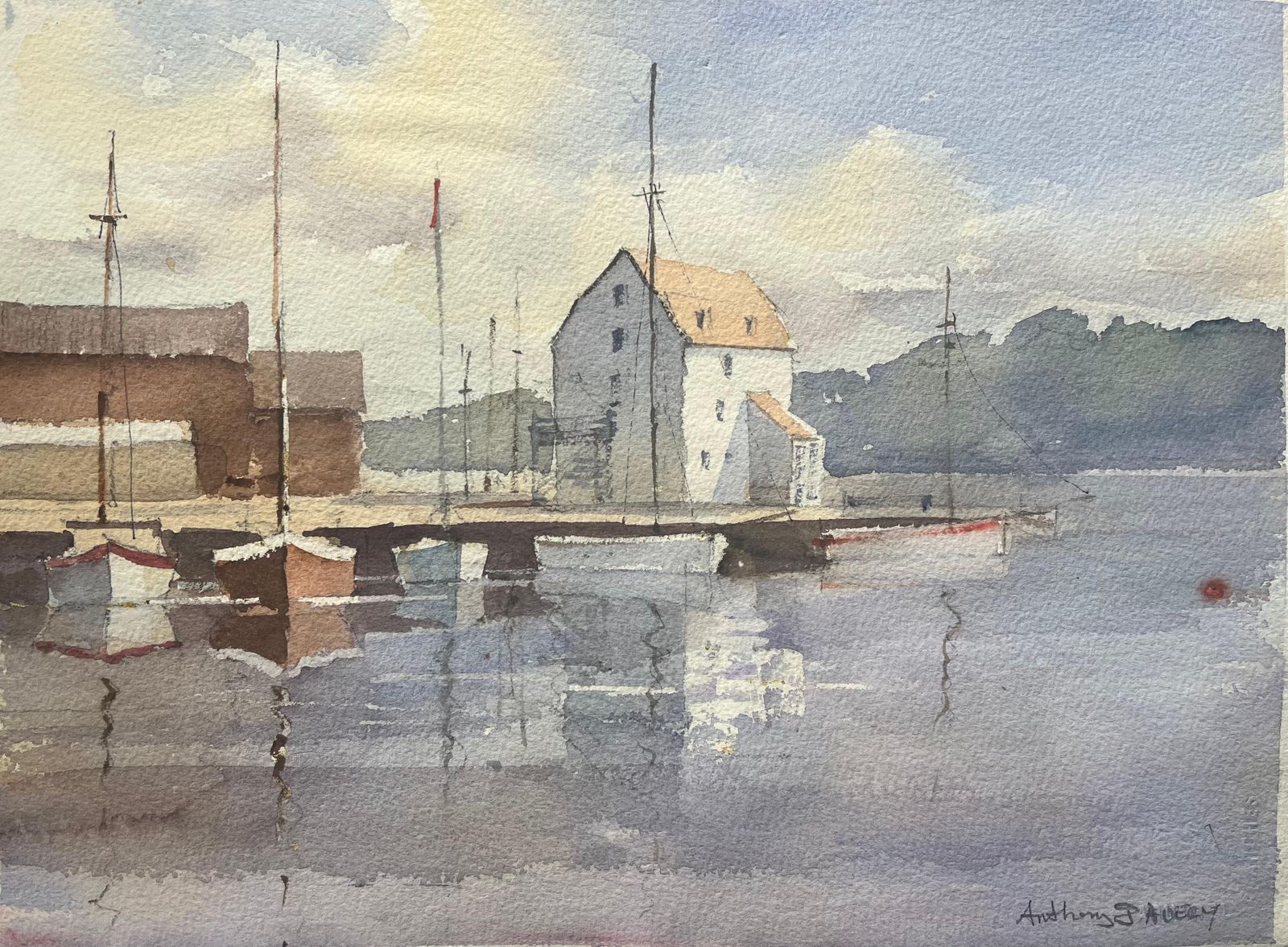 Anthony Averybritish Impressionist Watercolor Of Coastal Harbour With Sailboats