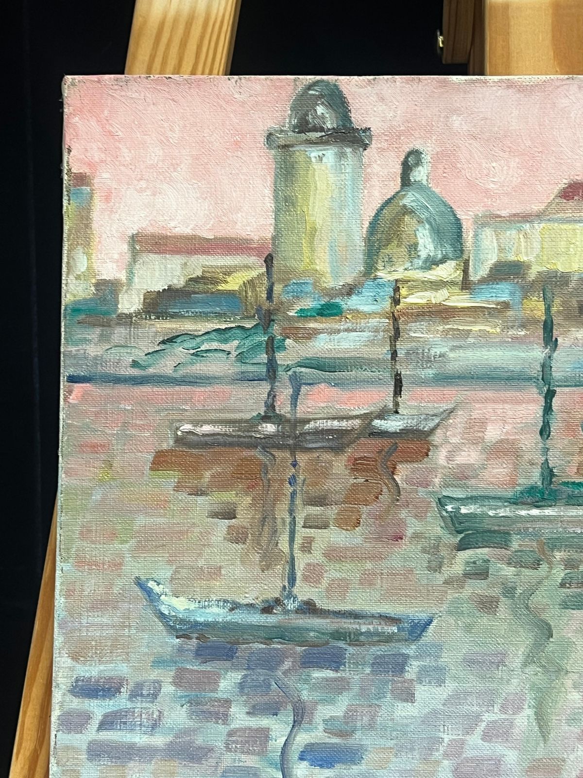 French Schoolfrench Pointillist Harbor Scene With Boats Pastel Tones Signed Oil Painting 20th Century photo Art