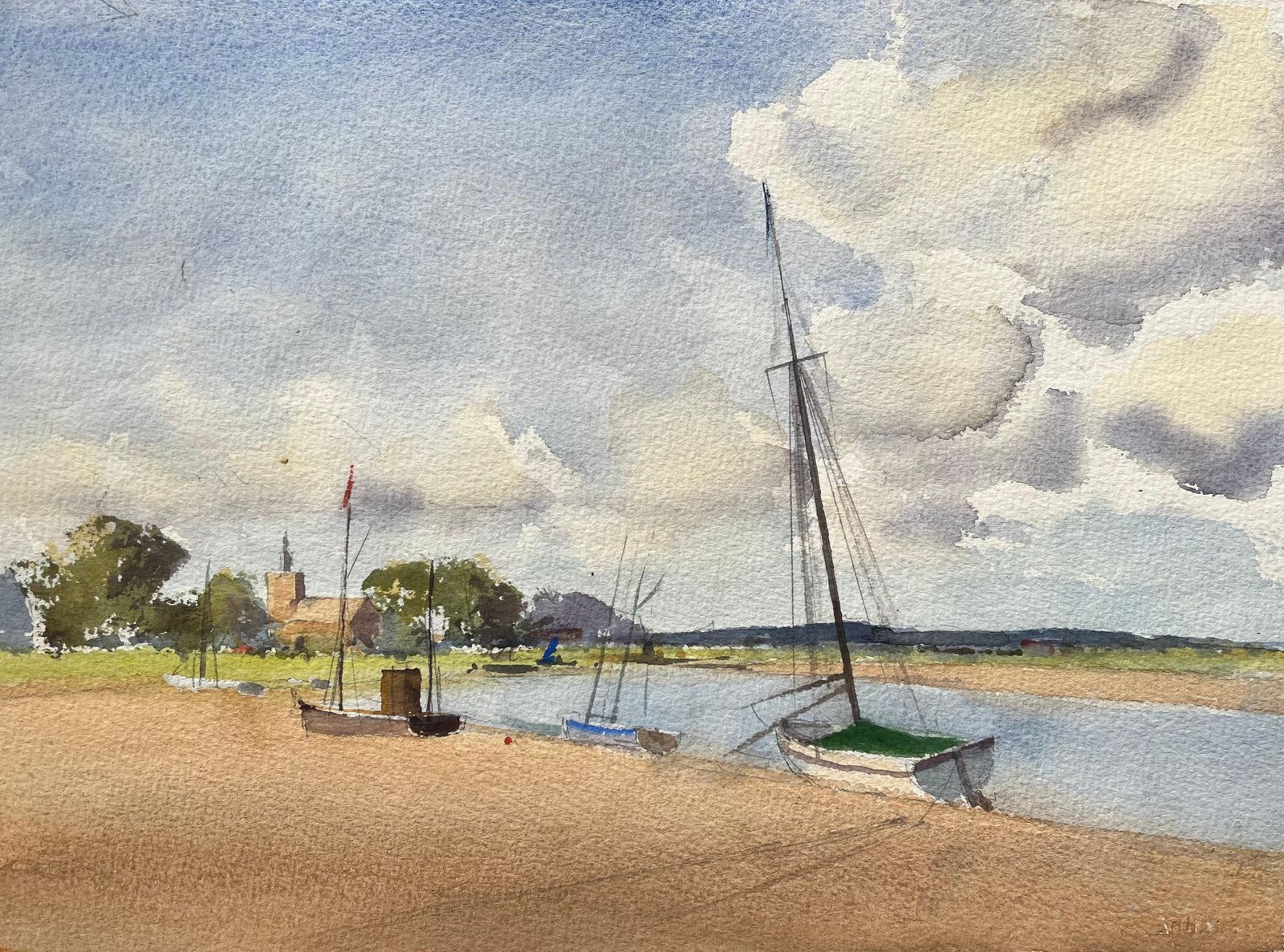Anthony Averybritish Impressionist Watercolor Of Coastal Landscape With Boats And Church