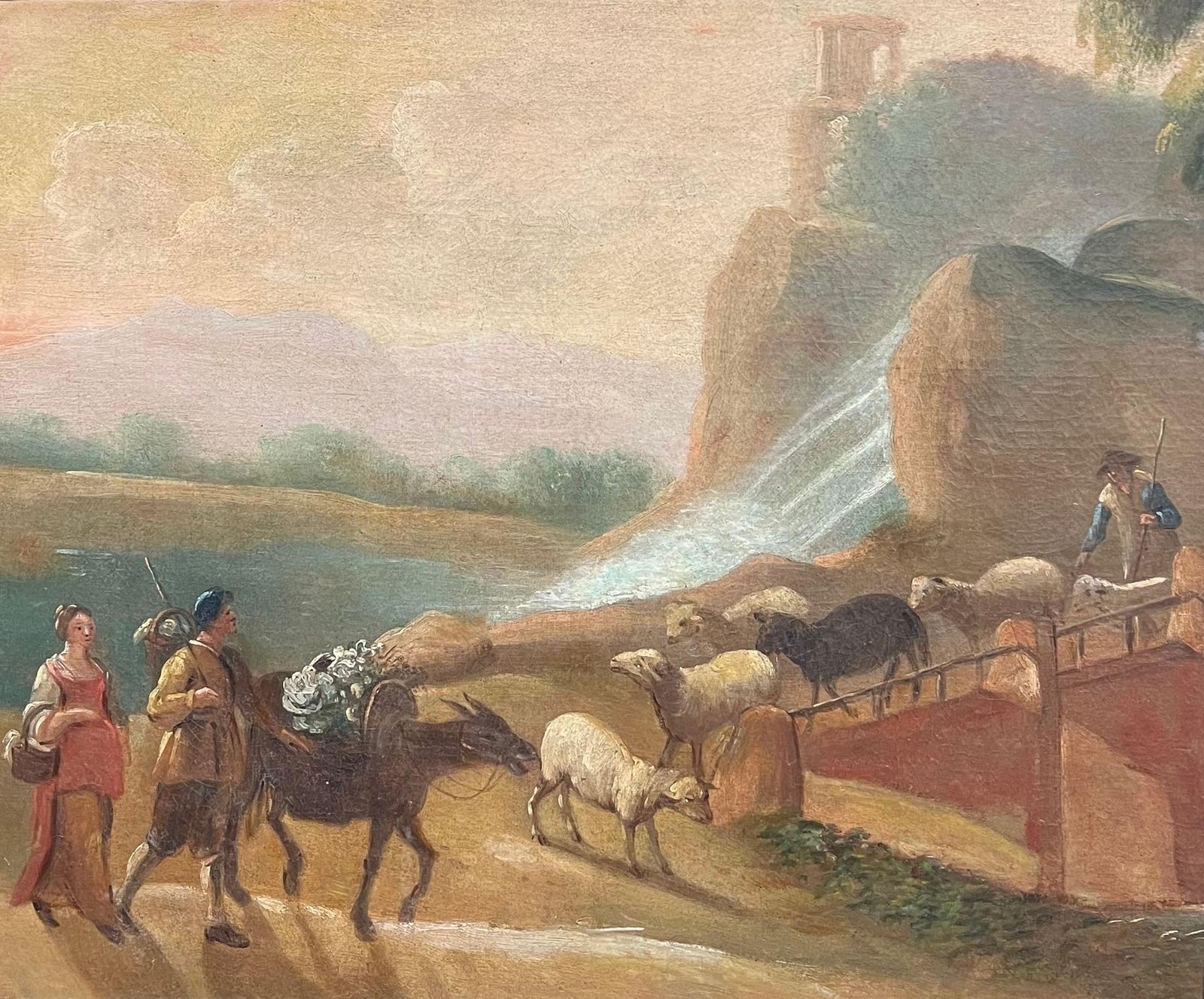 Dutch 18th Century18th Century Dutch Pastoral Scene With Travelers And Livestock Golden Landscapemid 18th Century photo for sale