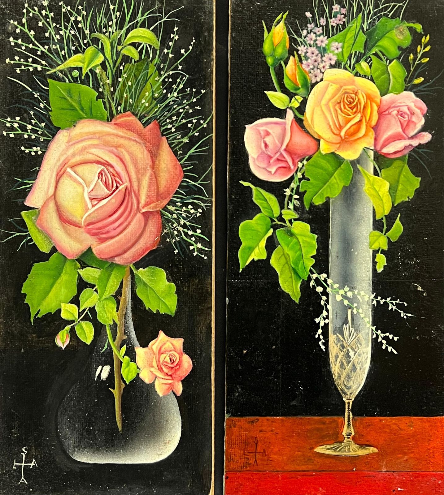 French Artistpair Mid 20th Century French Still Life Painting Ornate Flowers In Glass Vase1950