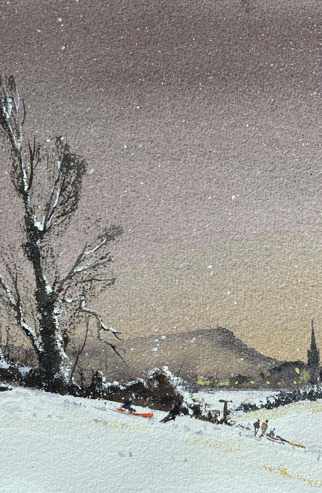 Anthony Averybritish Impressionist Watercolor Of Snowy Landscape With Sledders And Village photo Art