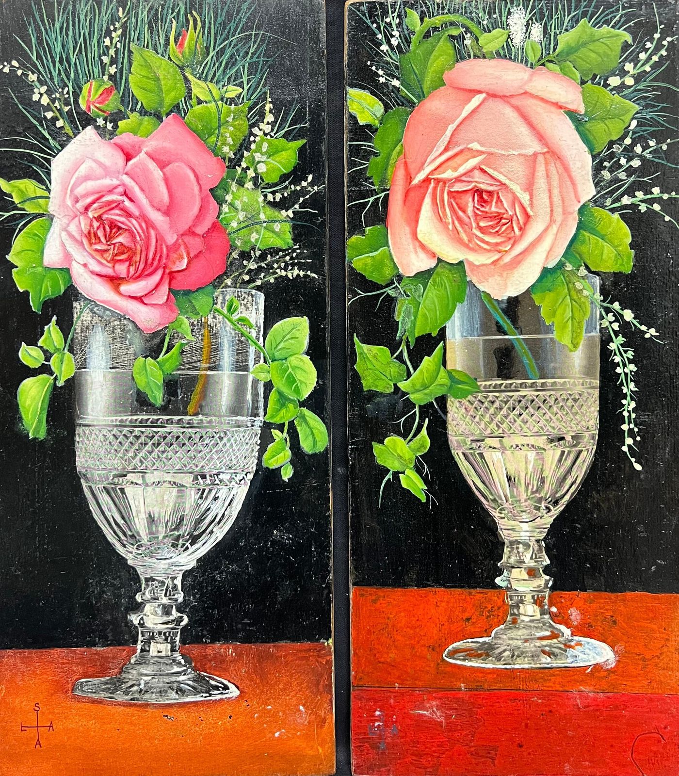 French Artistpair Mid 20th Century French Still Life Painting Ornate Flowers In Glass Vase1950