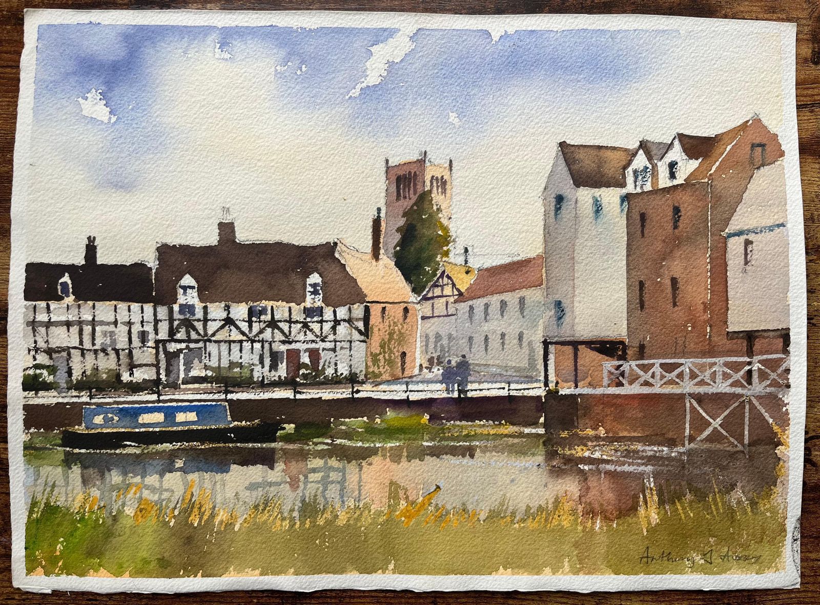 Anthony Averybritish Impressionist Watercolor Of Riverside Townscape With Church And Canal photo furniture