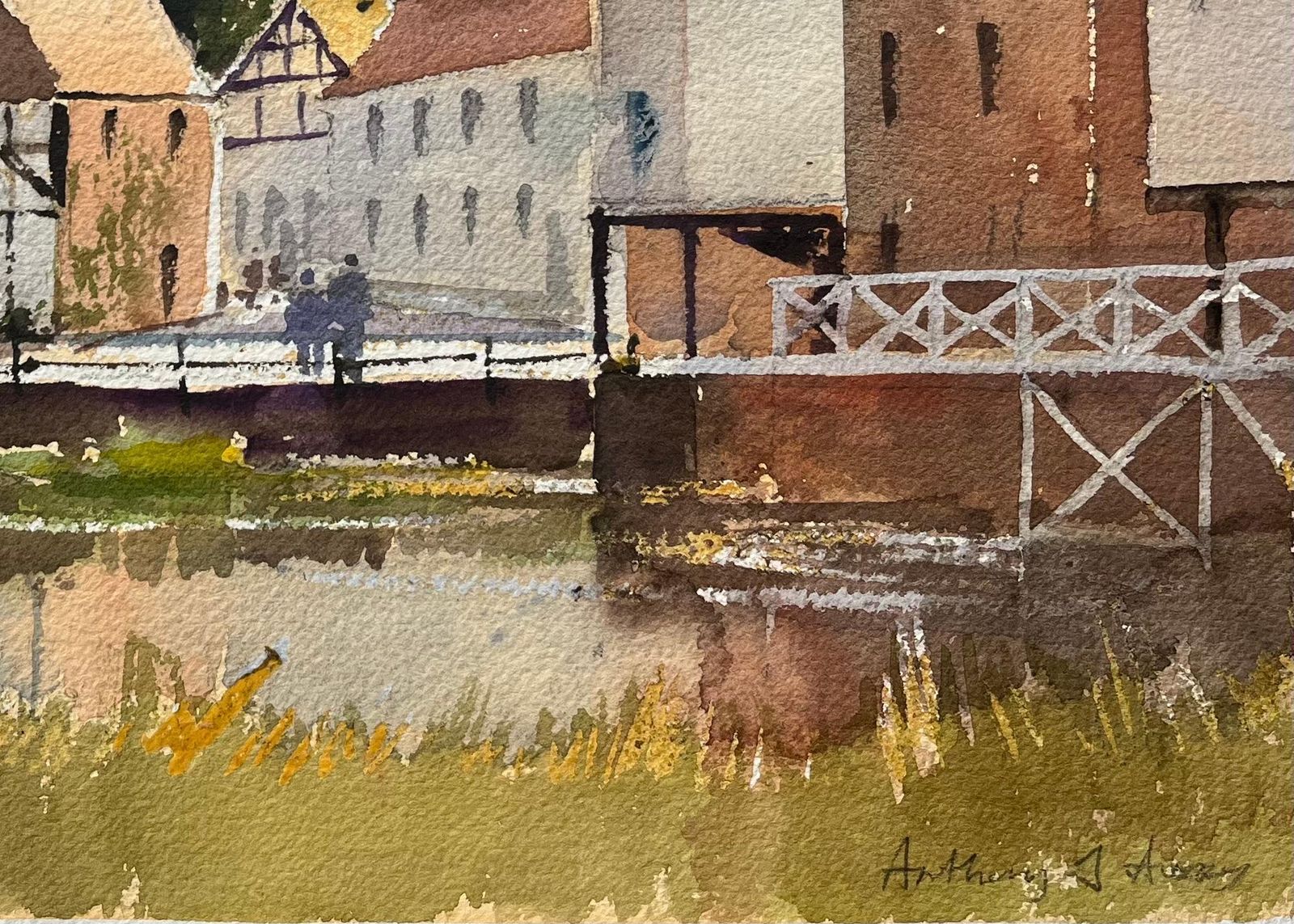 Anthony Averybritish Impressionist Watercolor Of Riverside Townscape With Church And Canal photo vinterior
