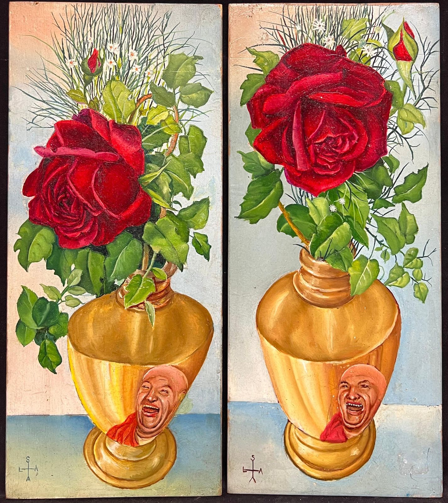 French Artistpair Mid 20th Century French Still Life Painting Ornate Roses In Gold Vases1950 photo furniture