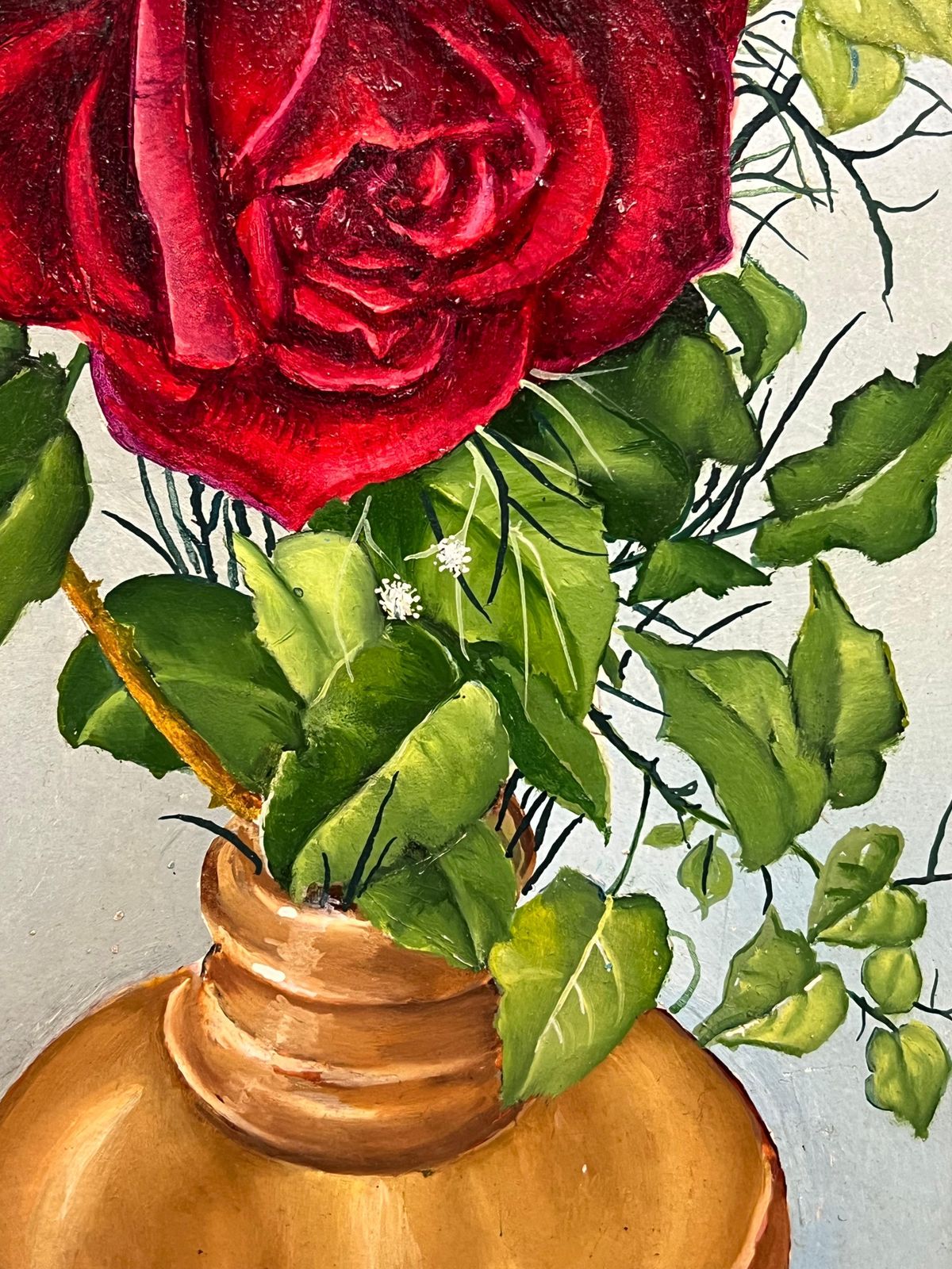 French Artistpair Mid 20th Century French Still Life Painting Ornate Roses In Gold Vases1950 photo vintage