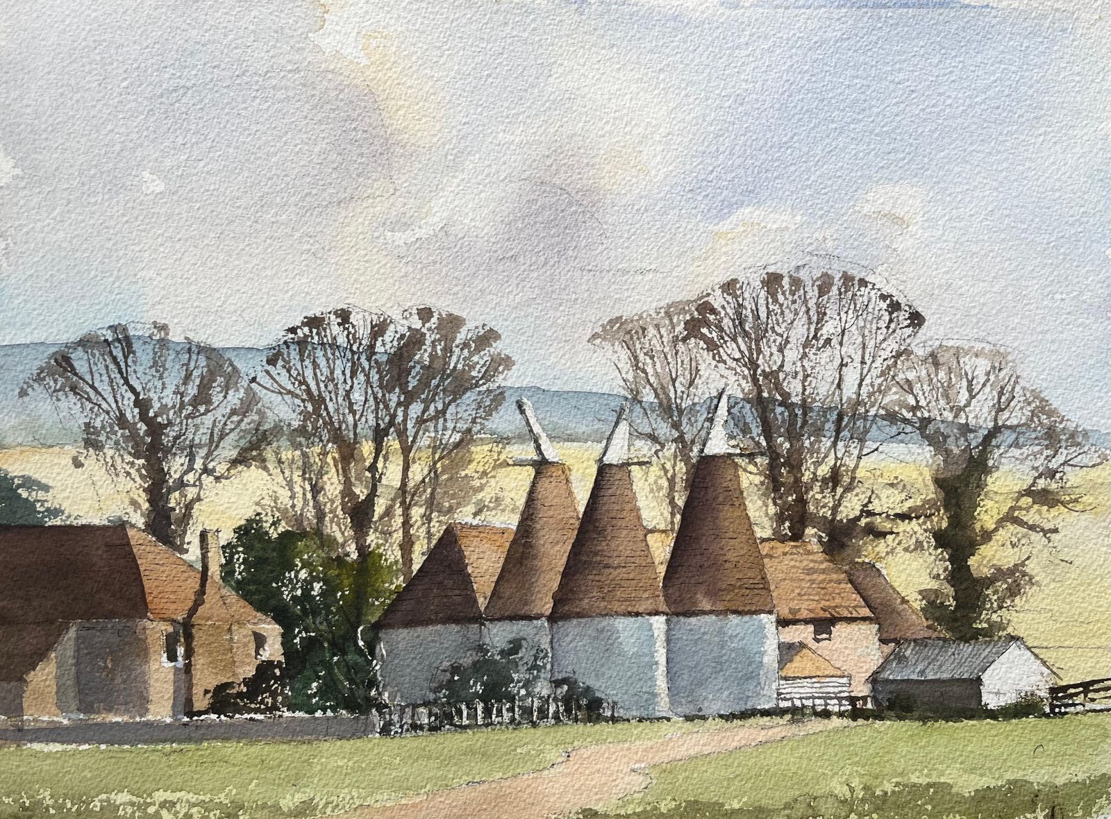 Anthony Averybritish Impressionist Watercolor Of Rural Farm With Oast Houses
