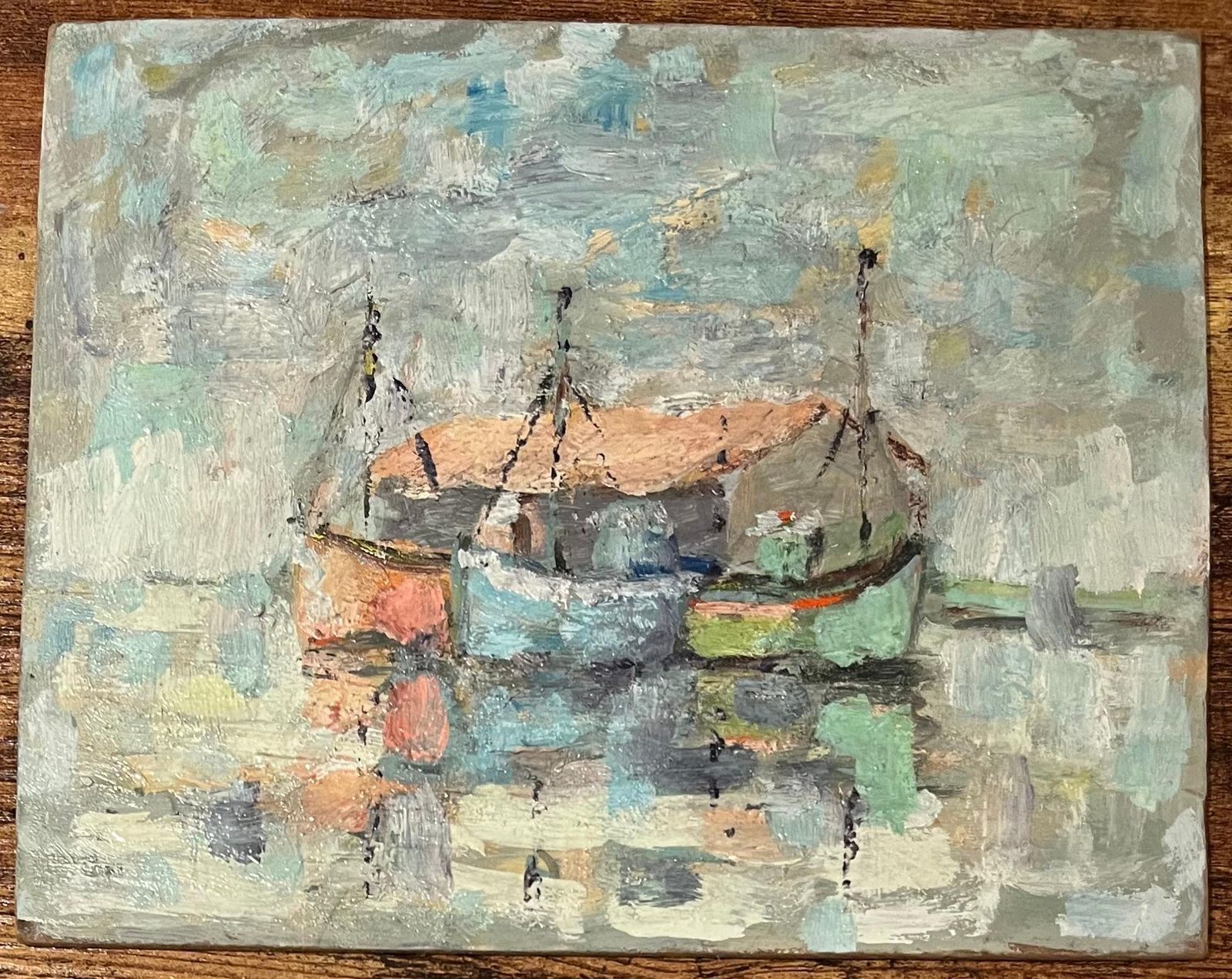 Fanch Lelfrench Impressionist Oil Painting Of A Tranquil Scene Of Fishing Boats At Rest20th Century photo furniture