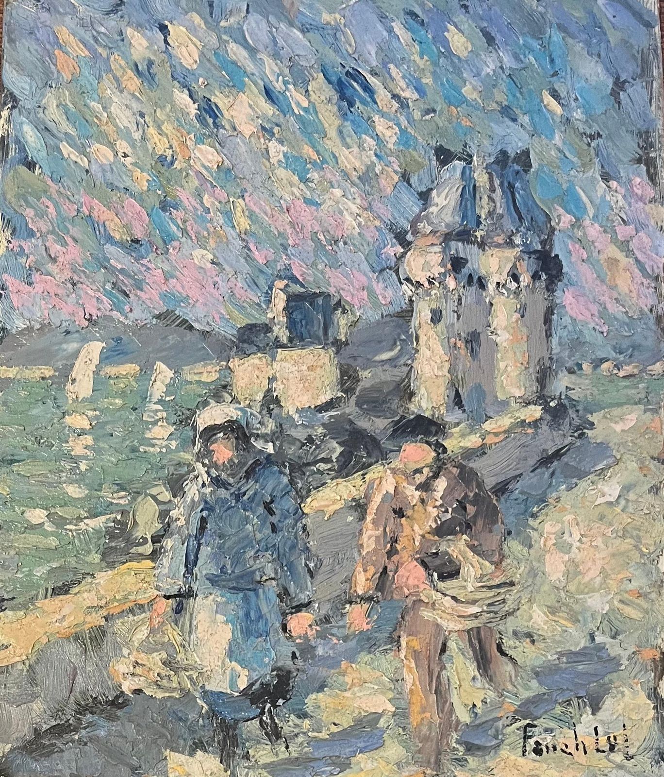 Fanch Lelfrench Impressionist Oil Painting Of Windy Walk Along The Coastal Path20th Century