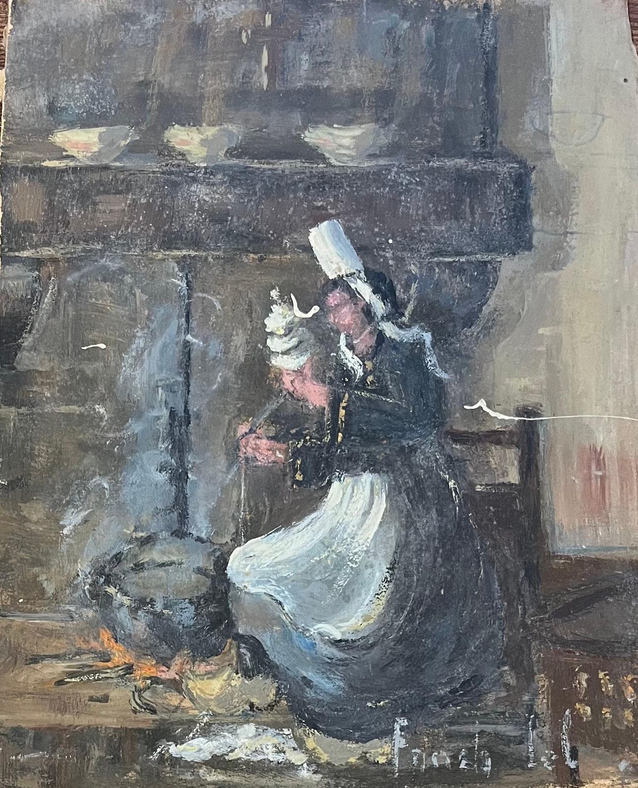 Fanch Lelfrench Impressionist Oil Painting Of A Breton Woman Kneeling By An Open Hearth20th Century