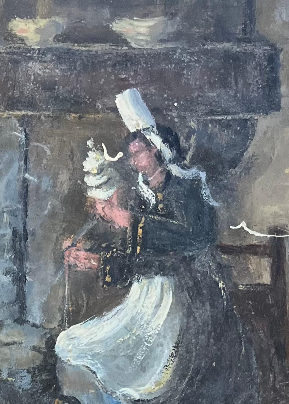 Fanch Lelfrench Impressionist Oil Painting Of A Breton Woman Kneeling By An Open Hearth20th Century photo for sale