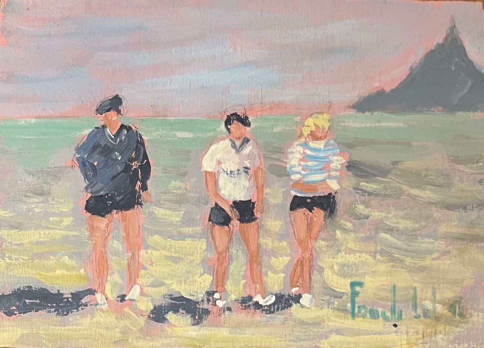 Fanch Lelfrench Impressionist Oil Painting Of Figures On A Beach With Mont Saint Michel20th Century