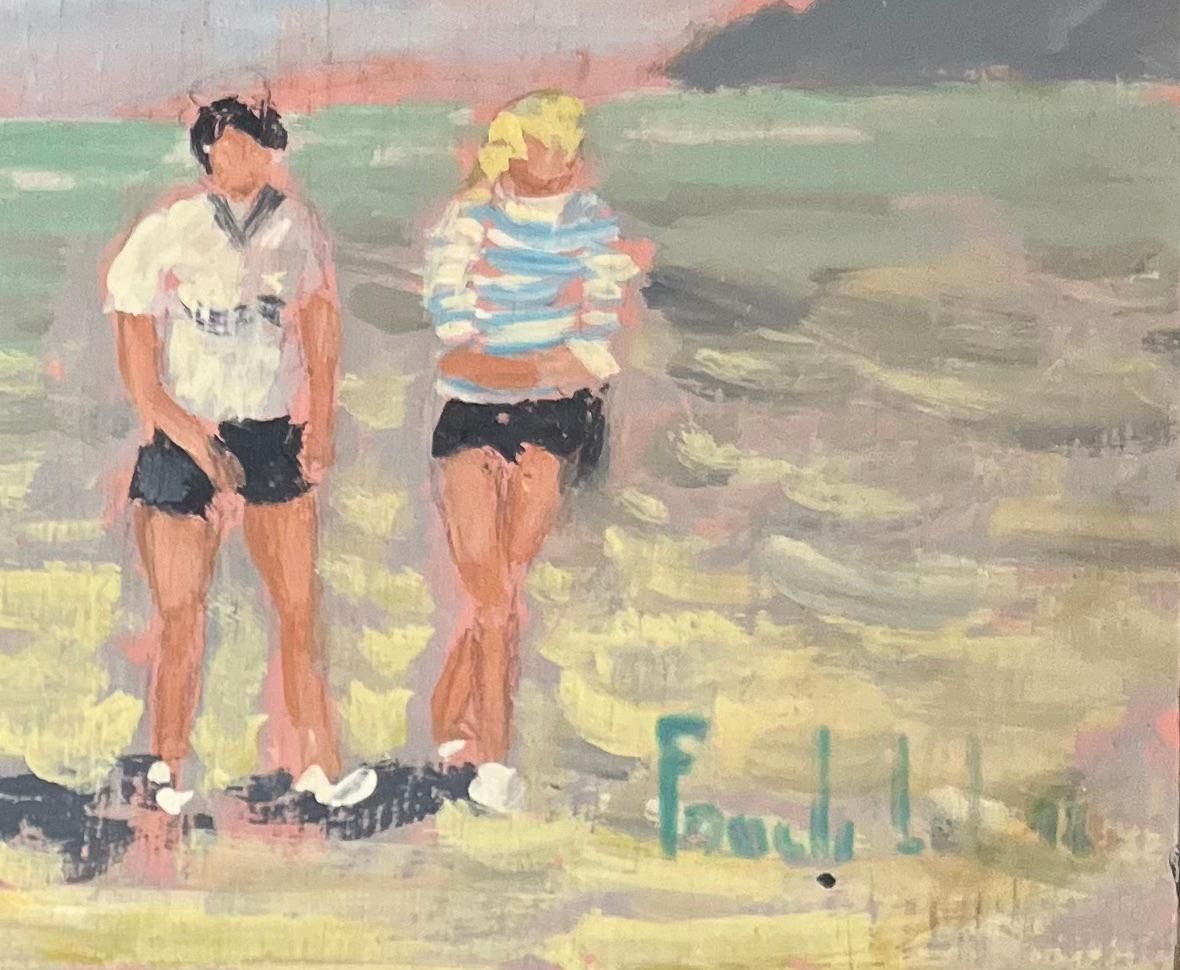 Fanch Lelfrench Impressionist Oil Painting Of Figures On A Beach With Mont Saint Michel20th Century photo for sale