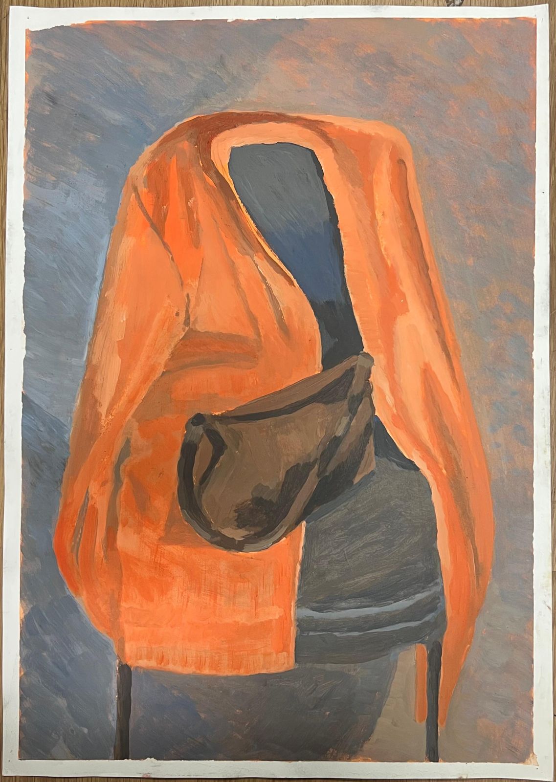 Helen Greenfieldchair Draped In Orange Cloth With A Simple Brown Bag photo furniture