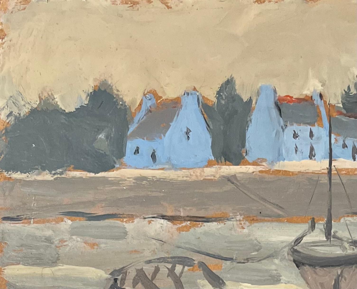 Fanch Lelfrench Impressionist Oil Painting Of Boats Resting In Front Of Coastal Cottages20th Century photo 555.0