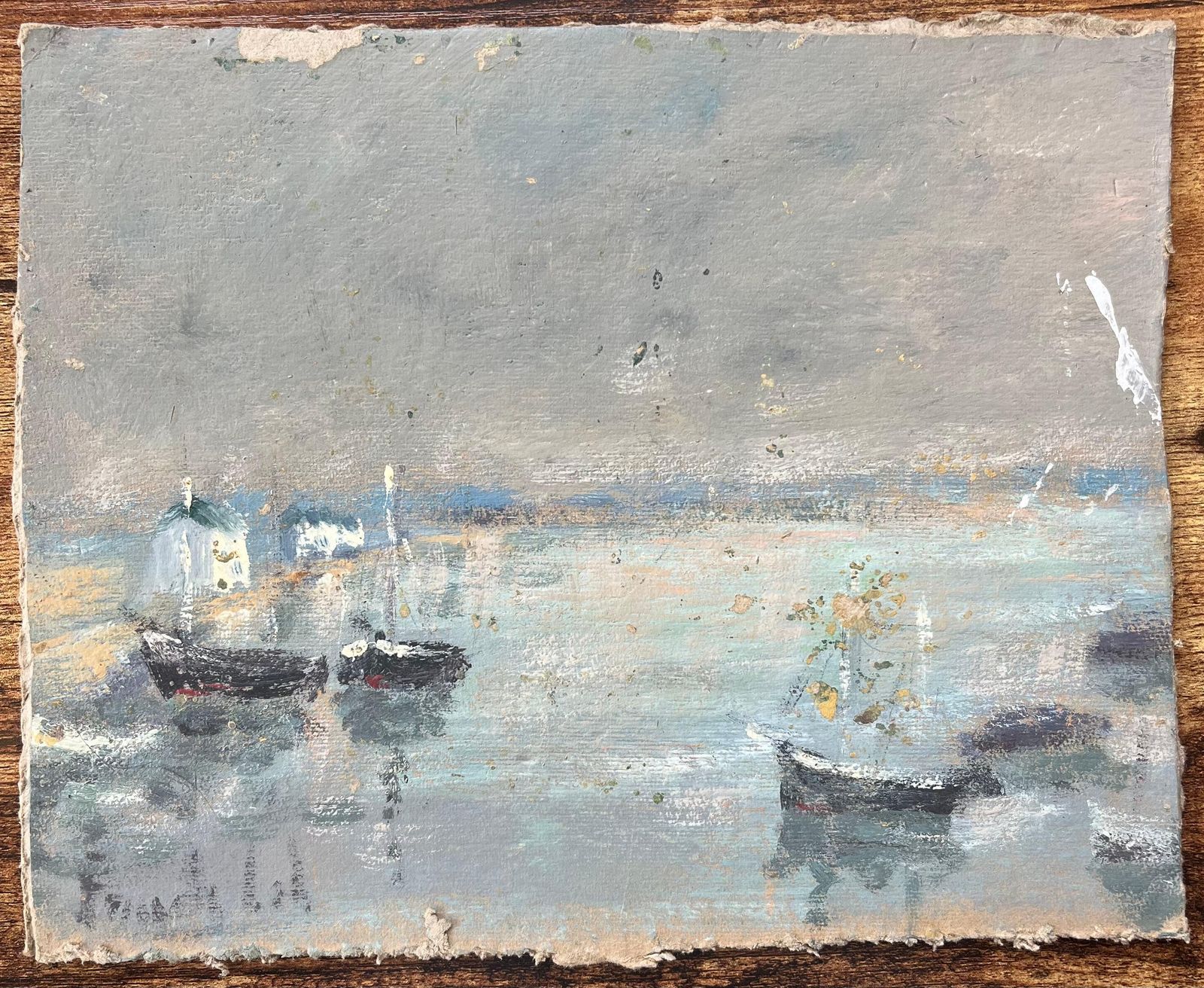 Fanch Lelfrench Impressionist Oil Painting Of Small Boats Anchored By The Shore20th Century photo furniture
