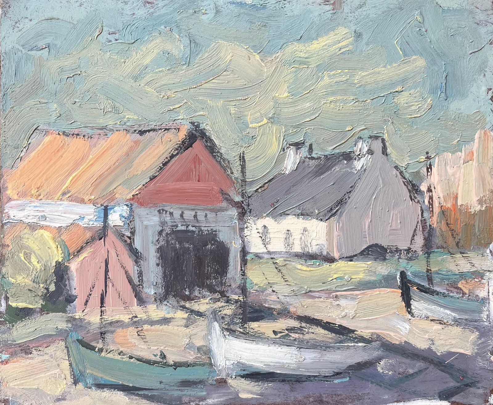 Fanch Lelfrench Impressionist Oil Painting Of Coastal Village With Boats Resting Ashore20th Century