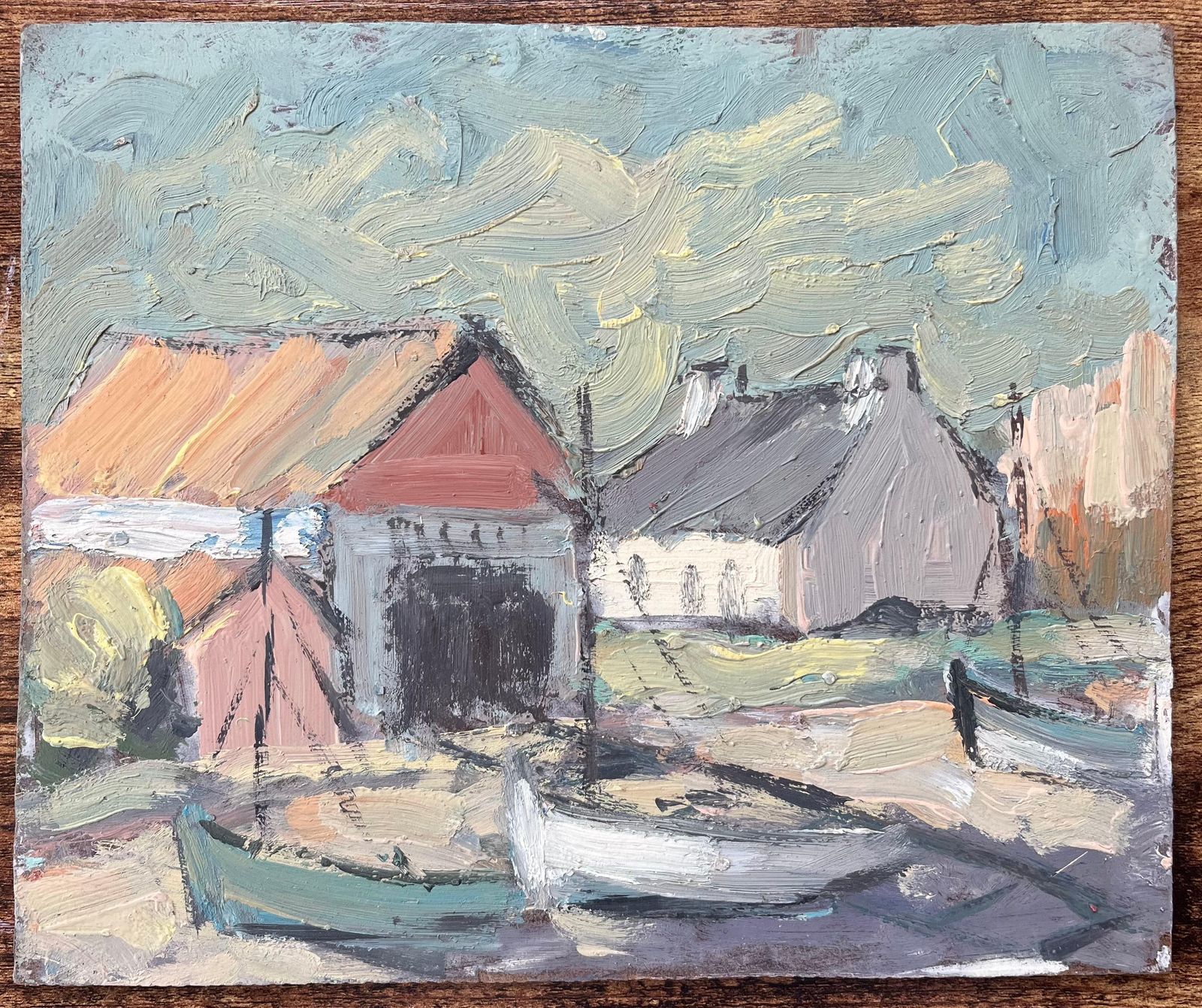 Fanch Lelfrench Impressionist Oil Painting Of Coastal Village With Boats Resting Ashore20th Century photo furniture